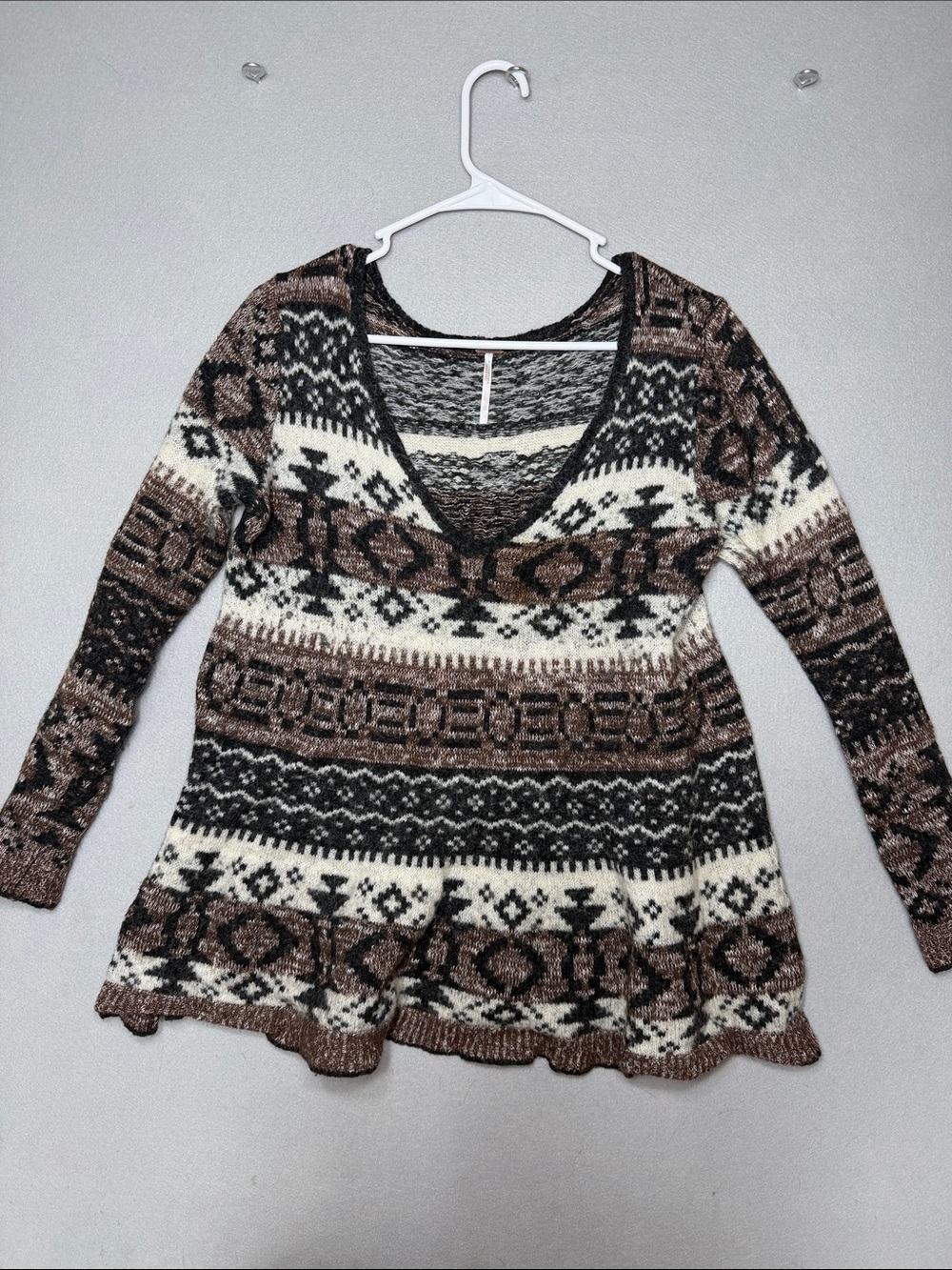 Free People Marled Knit Sweater Tunic in Black, Cream & Brown wool blend